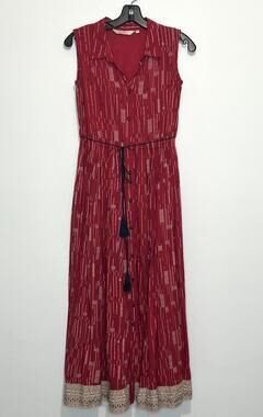 Fusion Red Boho Midi Dress XS Button Front Tassel Tie Tribal Print
